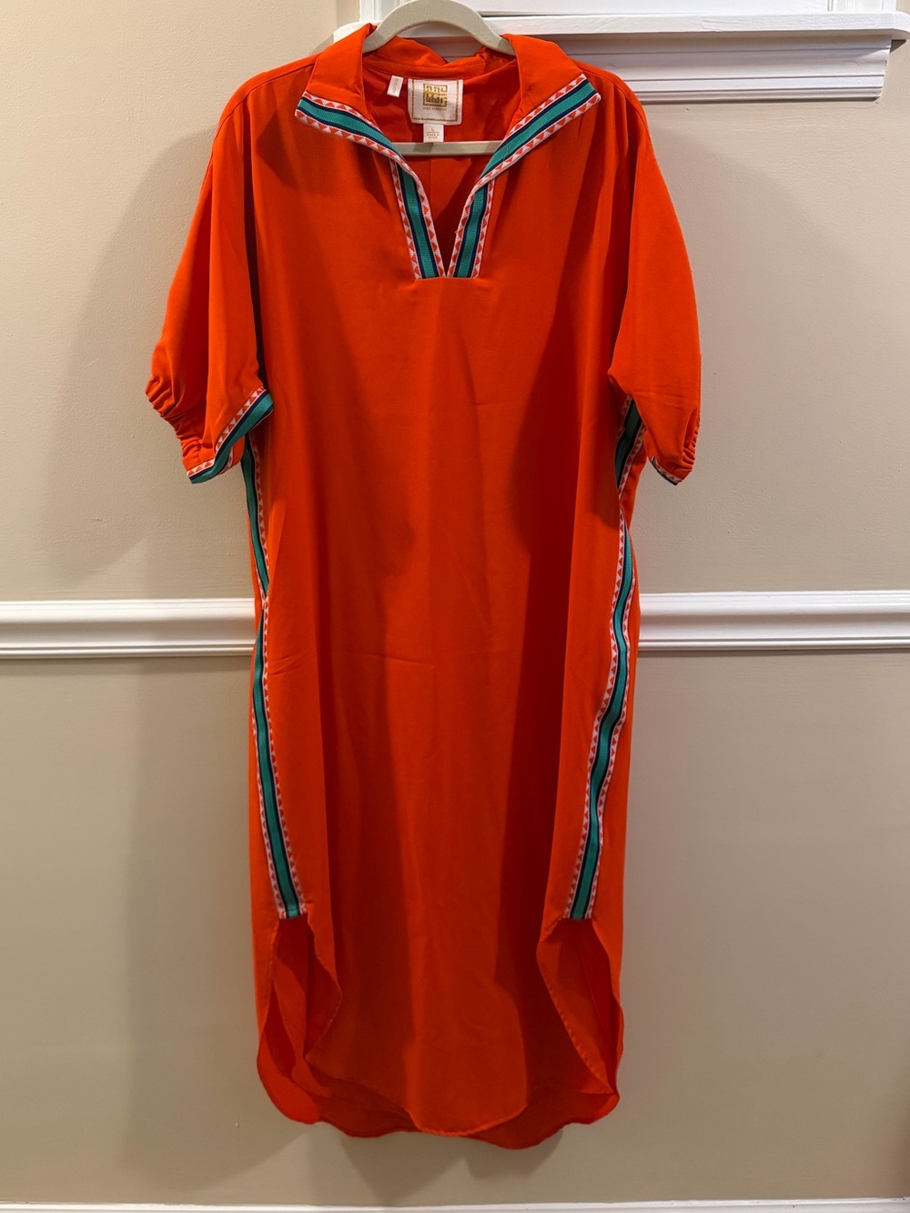 Emily McCarthy Bright Red Tunic Maxi Dress with Teal Trim